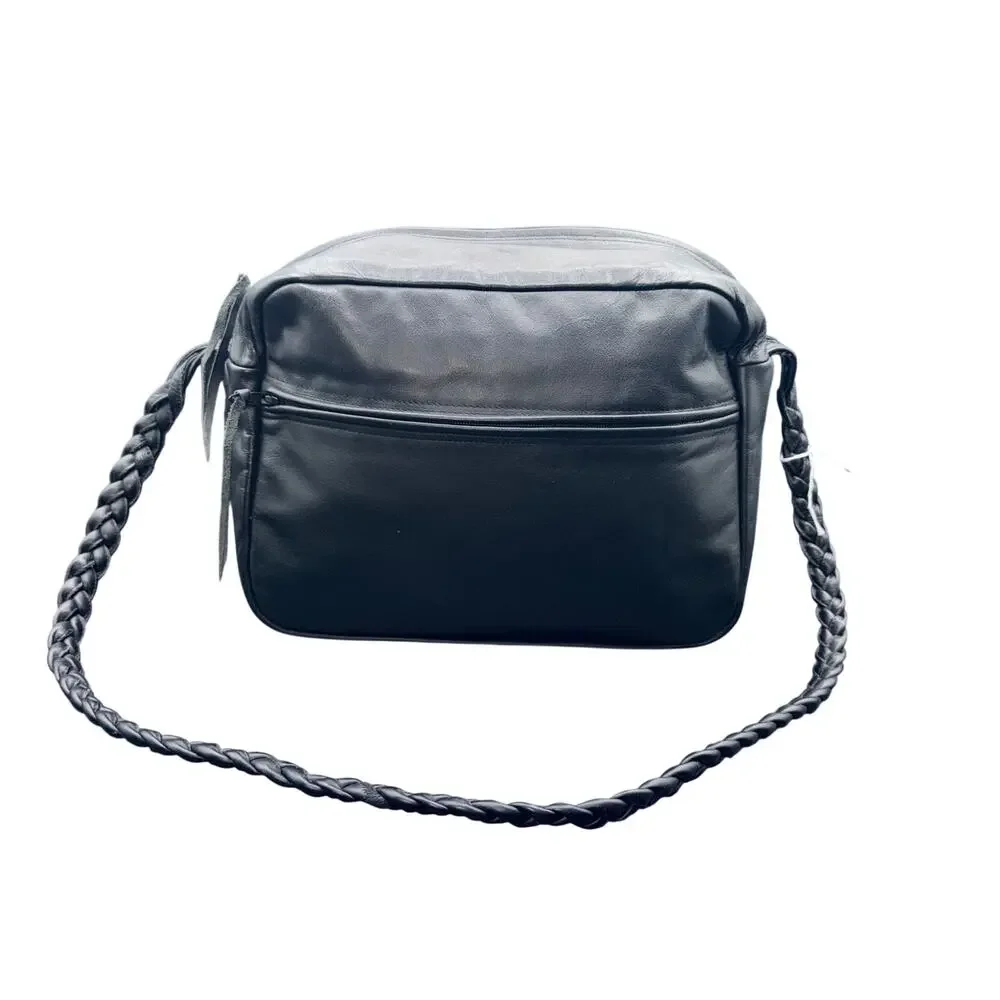 Handmade Black Leather Crossbody Shoulder Bag Braided Strap Zip Top